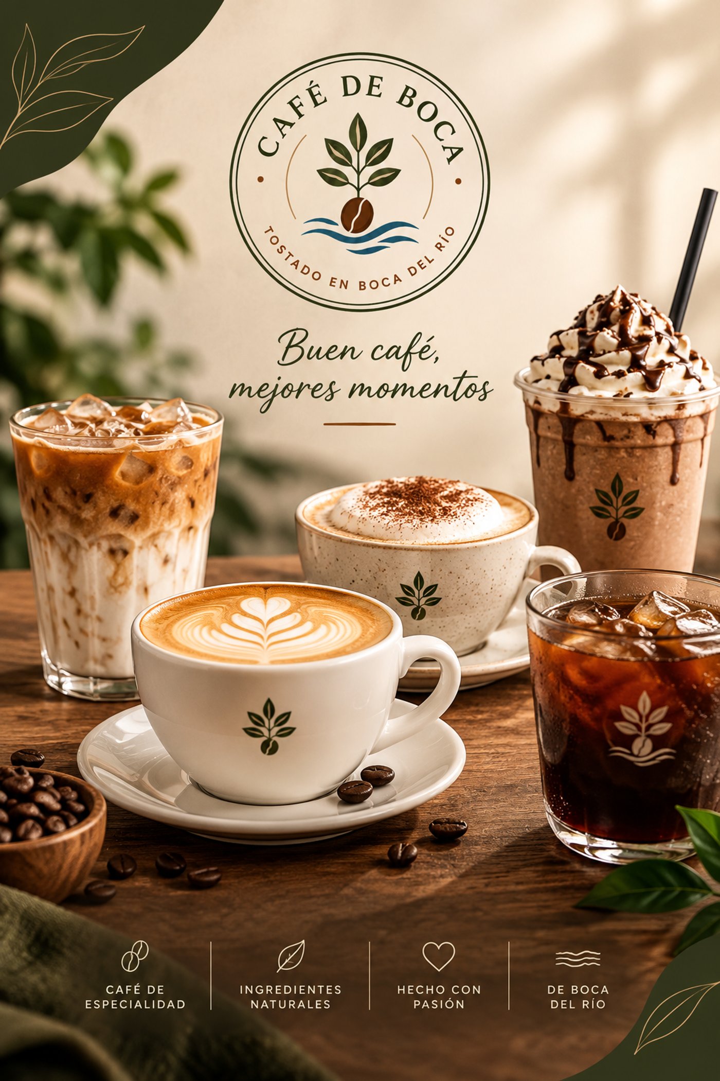 Bebidas de Café de Boca: iced latte, capuchino, frappé y cold brew